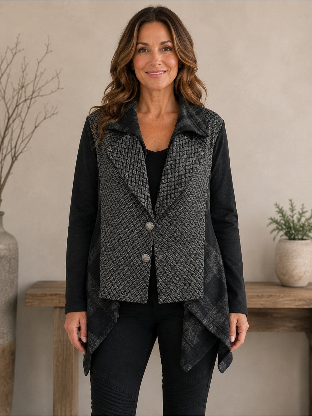 ANGELS NEVER DIE Black Gray Textured Asymmetrical Lagenlook Art Jacket Sz Large